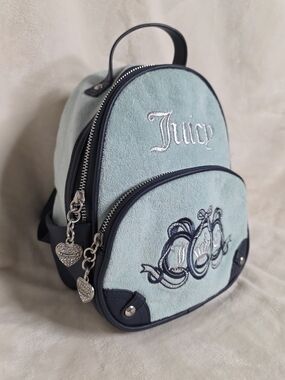 ✨ NWOT Juicy Couture Heritage Velour Mini Backpack - Pastel Turquoise / Navy Blu